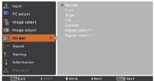 Input PC adjust Image select Image adjust Screen Sound Setting Information Network Normal True Wide Full Custom Digital zoom + Digital zoom - MSU Exit <---- Move Next Select Next