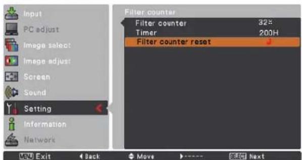 Input PC adjust Image select Image adjust Screen Sound Setting Information Network Filter counter Filter counter 325 Timer 200H Filter counter reset ↓ NEW Exit Back Move Enter Next