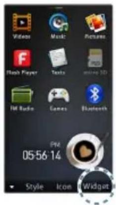 Videos Music Pictures Flash Player Texts music 3D FM Radio Games Bluetooth PM 05:56:14 Style Icon Widget