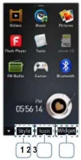Videos Music Pictures Flash Player Texts micro 3D FM Radio Canvas Bluetooth PM 05:56:14 Style Icon Widget 1 2 3