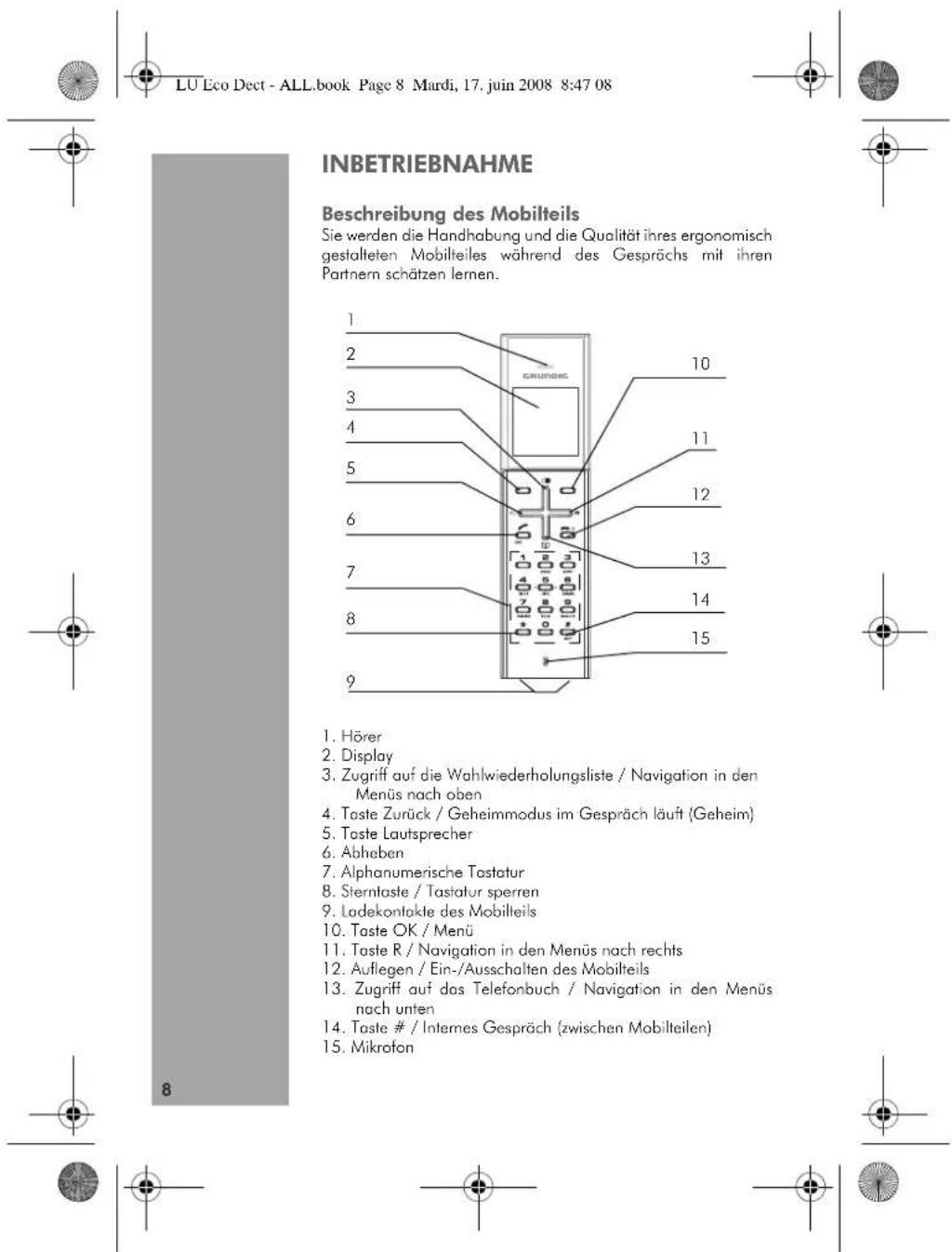 LU Eco Dect - ALL.book Page 8 Mardi, 17. juin 2008 8:47 08 INBETRIEBNAHME Beschreibung des Mobilteils Sie werden die Handhabung und die Qualität ihres ergonomisch gestalteten Mobilteiles während des Gesprächs mit ihren Partnern schätzen lernen. 1 Hörer 2 Display 3 Zugriff auf die Wahlwiederholungsliste / Navigation in den Menüs nach oben 4 Taste Zurück / Geheimmodus im Gespräch läuft (Geheim) 5 Taste Lautsprecher 6 Abheben 7 Alphanumerische Tastatur 8 Sterntaste / Tastatur sperren 9 Ladekontakte des Mobilteils 10 Taste OK / Menü 11 Taste R / Navigation in den Menüs nach rechts 12 Auflegen / Ein-/Ausschalten des Mobilteils 13 Zugriff auf das Telefonbuch / Navigation in den Menüs nach unten 14 Taste # / Internes Gespräch (zwischen Mobilteilen) 15 Mikrofon 8