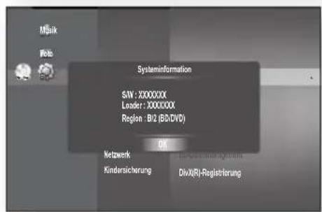 Mpaik Web Systeminformation SN: X00000X Leader: X00000X Region: B12 (B/DVD) OK Netzwerk Kindersicherung DivX(R)-Registrierung