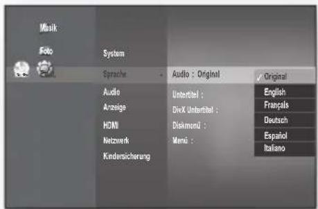 Menü System Sprache Audio: Original Original Audio Anzeige HDMI Netzwerk Kindersicherung Untertitel: DivX-Untertitel: Diskmenü: Menü: English Français Deutsch Español Italiano