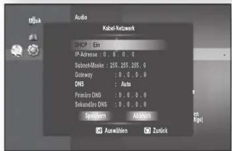 Audio Musik Kabel-Netzwerk DHCP: Ein IP-Adresse: 0.0.0.0 Subnetzmaske: 255.255.255.0 Gateway: 0.0.0.0 DNS: Auto Primärer DNS: 0.0.0.0 Sekundärer DNS: 0.0.0.0 Speichern Abbruch Auswählen Zurück