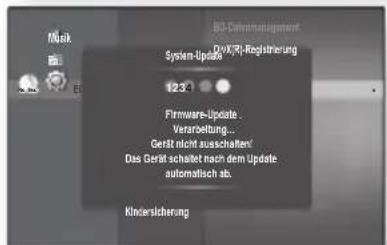 Disk B2-Demnmanagement DVA/PI-Regänderung System-Upback 123 Firmware-Update. Verarbeitung... Gerät nicht ausschalten! Das Gerät schaltet nach dem Update automatisch ab. Kindersicherung