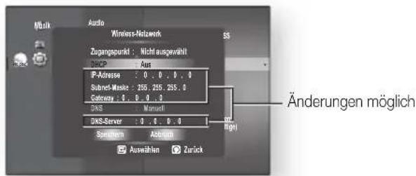 Audio Windows-Netzwerk Zugangspunkt: Nicht ausgewählt DSCP: Aus IP-Adresse: 0.0.0.0 Subnet-Maske: 255.255.255.0 Gateway: 0.0.0.0 DNS: Manuell DNS-Server: 0.0.0.0 Sendborn Abbrechen Auswählen Zurück Änderungen möglich
