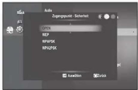 Music Audio Zugangspunkt - Sicherheit OPEN WEP WPAPSK WPA2PSK Auswählen Zurück