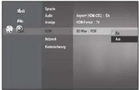 Musik Foto Ctrl. Sprache Audio Anzeige Anynet+ (HDMI-CEC): Ein HDMI-Format: TV HDMI BD Wise: PCM Ein Aus Netzwerk Kindersicherung