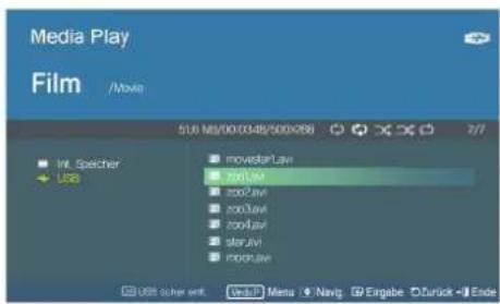 Media Play Film /Movie 510 MB/00:0348/500X288 277 Int. Speaker USB moviestar.avi zoo1.avi zoo2.avi zoo3.avi zoo4.avi star3.avi mbox3.avi USB other unit Menu Navig Engabe D:urack Ende