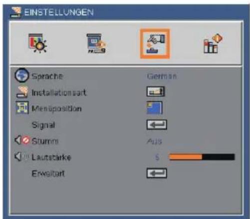 EINSTELLUNGEN Sprache Installationsart Meniposition Signal Stumm Lautstarke Erweltart German Aus
