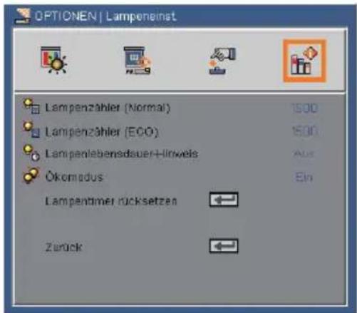 OPTIONEN | Lampeneinst Lampenzähler (Normal) 1500 Lampenzähler (ECO) 1500 Lampentabensdauer-Hinweis Aus Ökonomus Ein Lampentimer rücksetzen Zurück