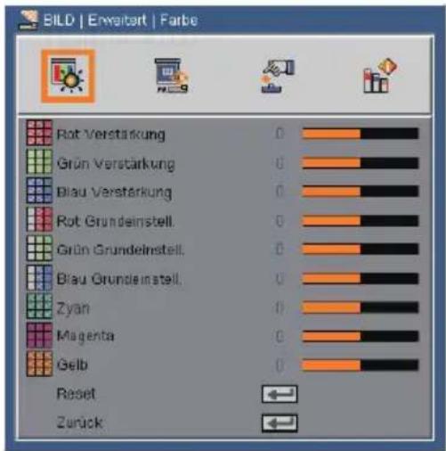 BILD | Erweitert | Farbe Rot Verstärkung 0 Grün Verstärkung 0 Blau Verstärkung 0 Rot Grundelnstell 0 Grün Grundelnstell 0 Blau Grundelnstell 0 Zyan 0 Magenta 0 Gelb 0 Reset Zurück
