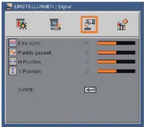 EINSTELLUNGEN | Signal Fine Sync 16 Punkte gesamt 0 H Position 0 V Position 0 Zurück