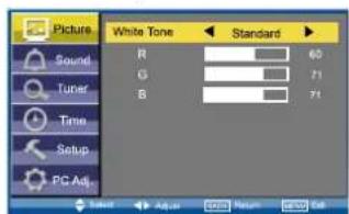 Picture Sound Tuner Time Setup PC Adj. White Tone Standard R 60 G 71 B 71 Select Adjust OK Return Cancel