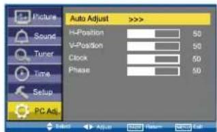 Picture Sound Tuner Time Setup PC Adj. Auto Adjust >>> H-Position 50 V-Position 50 Clock 50 Phase 50 Select > Adjust > Return > Next > 确定