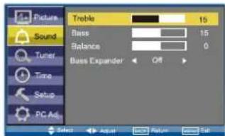 Picture Sound Tuner Time Setup PC Adj Treble 15 Base 15 Balance 0 Bass Expander Off Select Apply Control Reset Set