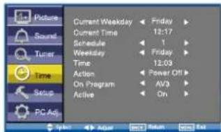 Picture Sound Tuner Time Setup PC Adj Current Weekday 12:17 Current Time 1 Schedule 1 Weekday 12:03 Time 12:03 Action 4 Power Off On Program AV3 Active On Hyper Agar Return End