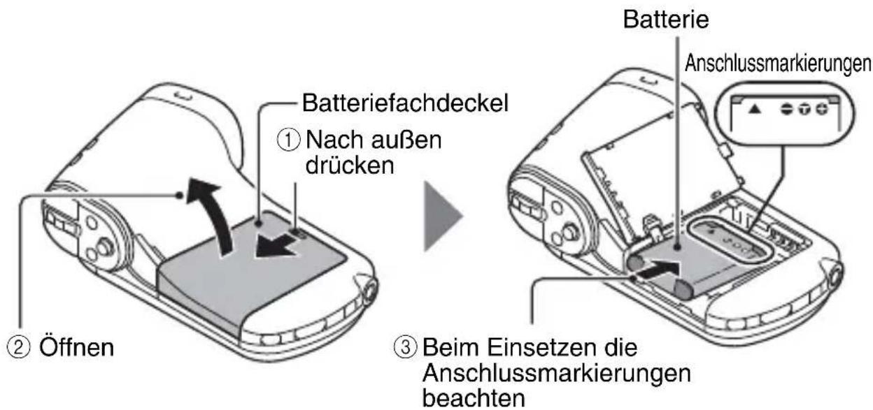 Batteriefachdeckel ① Nach außen drücken ② Öffnen ③ Beim Einsetzen die Anschlussmarkierungen beachten Batterie Anschlussmarkierungen