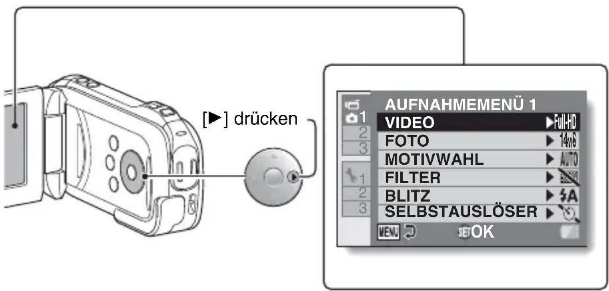 [▶] drücken AUFNAHMEMENÜ 1 VIDEO ▶ Full-HD 2 FOTO ▶ 14MB 3 MOTIVWAHL ▶ AUTO 1 FILTER ▶ 2 BLITZ ▶ $A 3 SELBSTAUSLÖSER ▶ VENU SETOK
