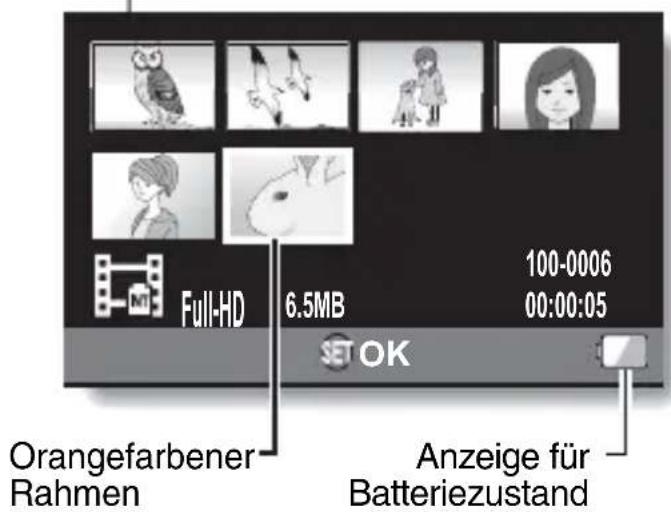 Full-HD 6.5MB 100-0006 00:00:05 SET OK Orangefarbener Rahmen Anzeige für Batteriezustand