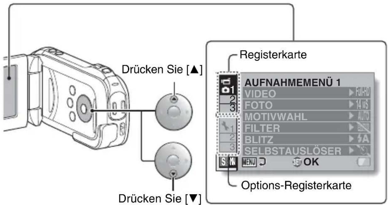 Drücken Sie [▲] Drücken Sie [▼] Registerkarte AUFNAHMEMENÜ 1 VIDEO FOTO MOTIVWAHL FILTER BLITZ SELBSTAUSLÖSER S MENU OK Options-Registerkarte