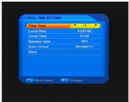 LOCAL TIME SETTING Time Zone +1 Local Date 01/01/06 Local Time 01:02 Summer time OFF Date format DD/MM/YY Save Move items Change