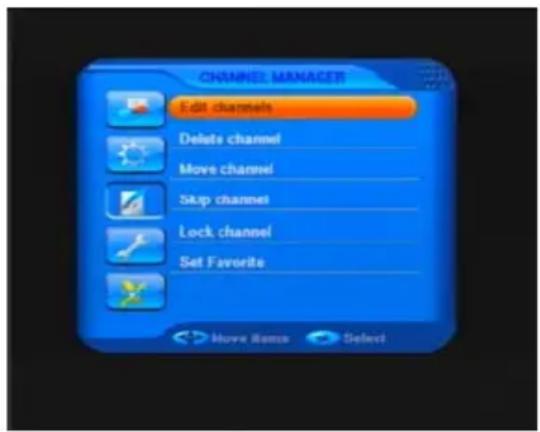 CHANNEL MANAGER Edit channels Delete channel Move channel Skip channel Lock channel Set Favorite Move Ramps Select