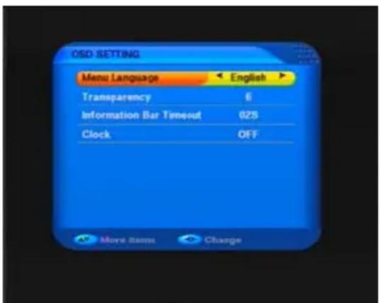 OSD SETTING Menu Language ← English ▶ Transparency 6 Information Bar Timeout 625 Clock OFF Move items Change