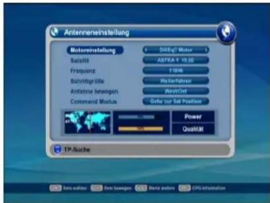 Antennereinstellung Motoreinstellung Sutafilk Frequenz Schmittgrüße Antechna bewegen Command Modus SDEU@ Motor AGTKA 1 19.20 11846 Wertfarbaren WorstOrt Seite zur Sat Position Power Qualität TP-Suche