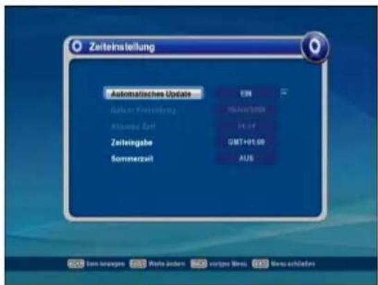 Zeiteinstellung Automatisches Update EIN Risikur Erweiterung 10-Aw/100% Konzern Zeit 14.14 Zeiteingabe GMT+01.00 Sommerzeit AUS 200 Son langages 201 Werte anders 500 vortages (Wess) 1011 Menu erflichten