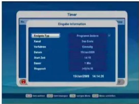 Timer Eingabe Information Ensignie Typ Programm Status Kand Des Crete Verfabres Einmalig Durum 15/Jan/2009 Start Zeit 14:15 Dauer 1 Mio. Steppeck (vt)14:15 15/Jan/2009 14:14:26