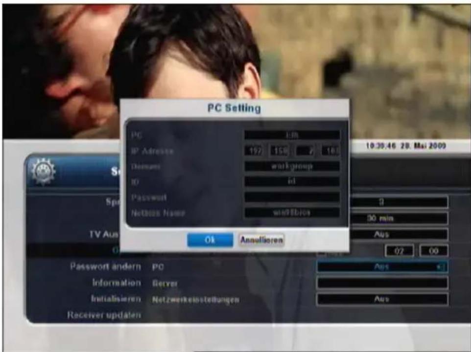 PC Setting PC IP Address 197 150 2 16 Denumes workgroup ID id Password Netbox Name win98bits 10:30:46 28. Mai 2009 Spd TV Aus Ok Annullieren Password andern PC Information Server Initialisieren Netzwerkelnstellungen Receiver updaten Aus Aus