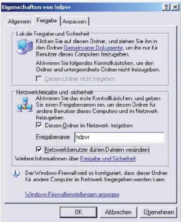 Eigenschaften von hdpvr Allgemein Freigabe Anpassen Lokale Freigabe und Sicherheit Klicken Sie auf diesen Ordner, und ziehen Sie ihn in den Ordner Gemeinsame Dokumente, um ihn nur für Benutzer dieses Computers freizugeben. Aktivieren Sie folgendes Kontrollkästchen, um den Ordner und untergeordnete Ordner nicht freizugeben. Diesen Ordner nicht freigeben Netzwerkfreigabe und -sicherheit Aktivieren Sie das erste Kontrollkästchen, und geben Sie einen Freigabenamen ein, um diesen Ordner für andere Benutzer dieses Computers und im Netzwerk freizugeben. Diesen Ordner im Netzwerk freigeben Freigabename hdpvr Netzwerkbenutzer durlen Dateien verändern Weitere Informationen über Freigabe und Sicherheit Der Windows-Firewall wird so konfiguriert, dass dieser Ordner für andere Computer im Netzwerk freigegeben werden kann. Windows Firewallenstellungen anzeigen OK Abbrechen Übernehmen
