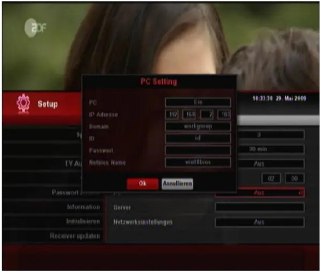 PC Setting PC IP Adresse Domain workgroup ID id Password Netbies Name wind8bios Ok Anellieren 10:31:28 29. Mai 2009 3 30 min. Aus 02 00 Aus Information Server Initialisieren Netzwerkinstellungen Aus Receiver updaten