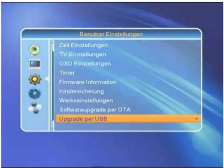Benutzer Einstellungen Zeit Einstellungen TV-Einstellungen OSD Einstellungen Timer Firmware Information Kindersicherung Werkseinstellungen Softwareupgrade per OTA Upgrade per USB