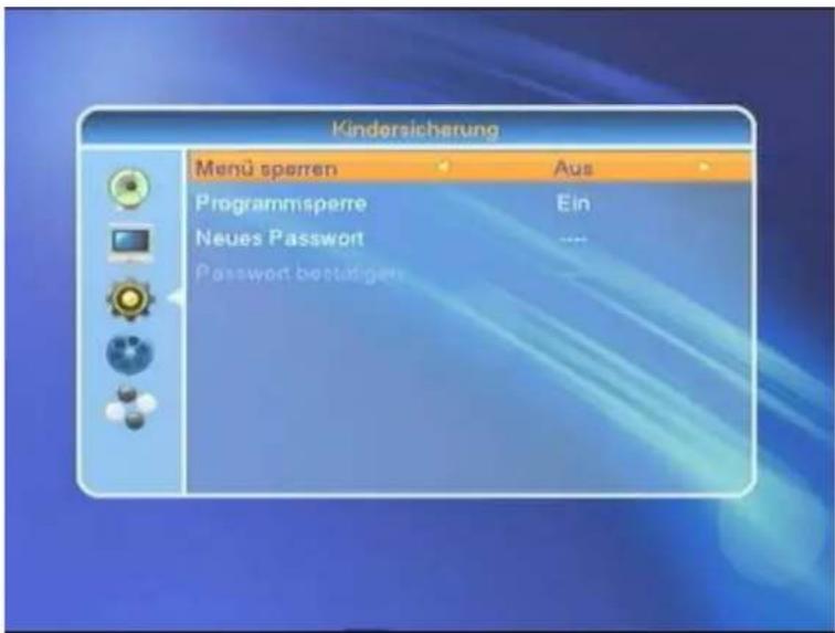Kindersicherung Menu sperren Aus Programmsperre Ein Neues Password Password bestätigkeit