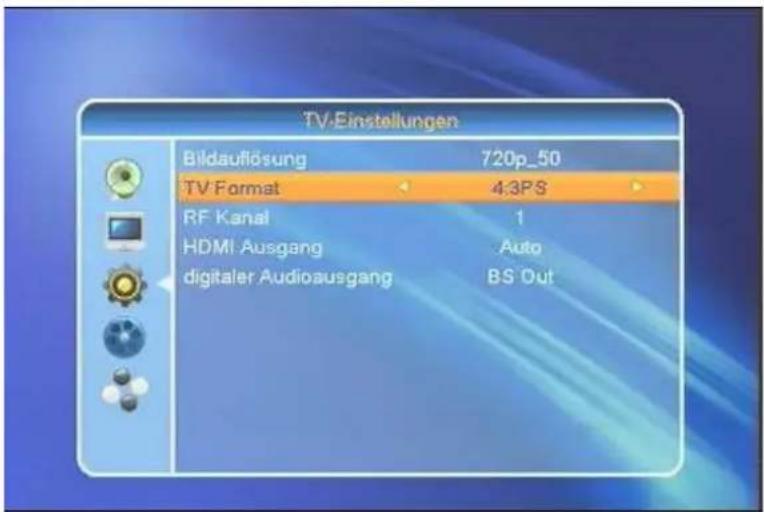 TV-Einstellungen Bildauflösung 720p_50 TV Format 4:3PS RF Kanal 1 HDMI Ausgang Auto digitaler Audioausgang BS Out