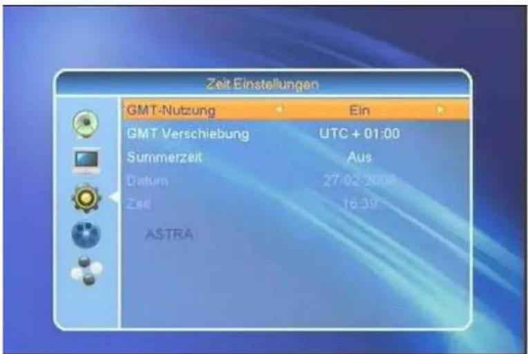 Zeit Einstellungen GMT-Nutzung Ein GMT Verschiebung UTC + 01:00 Summerzeit Aus Datum 27-02-2016 Ziel 16:39 ASTRA