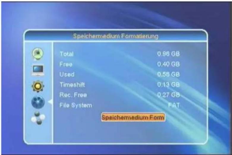 Speichermedium Formatierung Total 0.96 GB Free 0.40 GB Used 0.58 GB Timeshift 0.13 GB Rec. Free 0.27 GB File System FAT Speichermedium Form
