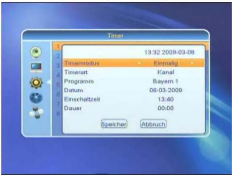 Timer 13:32 2009-03-06 Timermodus Einmalig Timerart Kanal Programm Bayem 1 Datum 06-03-2009 Einschaltzeit 13:40 Dauer 00:00 Speicher Abbruch