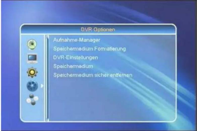 DVR-Optionen Aufnahme-Manager Speichemedium Formatierung DVR-Einstellungen Speichemedium Speichemedium sicher entfernen