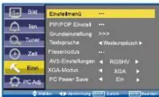Bild Ton Tuner Zeit Binl PC Adj. Einsteitmenü ... PIF/POP Einstei ... Grundeinstellung >>>> Testsprache < Westenaplasch > Fleaserodus ... AV2-Einstellungen < RGBHV > XGA-Modus < XGA > PC Power Save < Em >