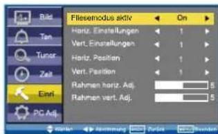 Filesemodus aktiv On Hertz. Einstellungen 1 Vert. Einanellungen 1 Hertz. Position Vert. Position 1 Rahmen horiz. Adj. 5 Rahmen vert. Adj. 5 PC Adj.