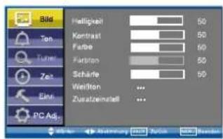 Bild Ton Tunnel Zen Eins PC Adj. Helligkeit 50 Kontrast 50 Farbe 50 Falcon 50 Scharfe 50 Weiflon ... Zusatzeinstell ...