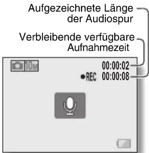 Aufgezeichnete Länge der Audiospur Verbleibende verfügbare Aufnahmezeit 00:00:02 •REC 00:00:08