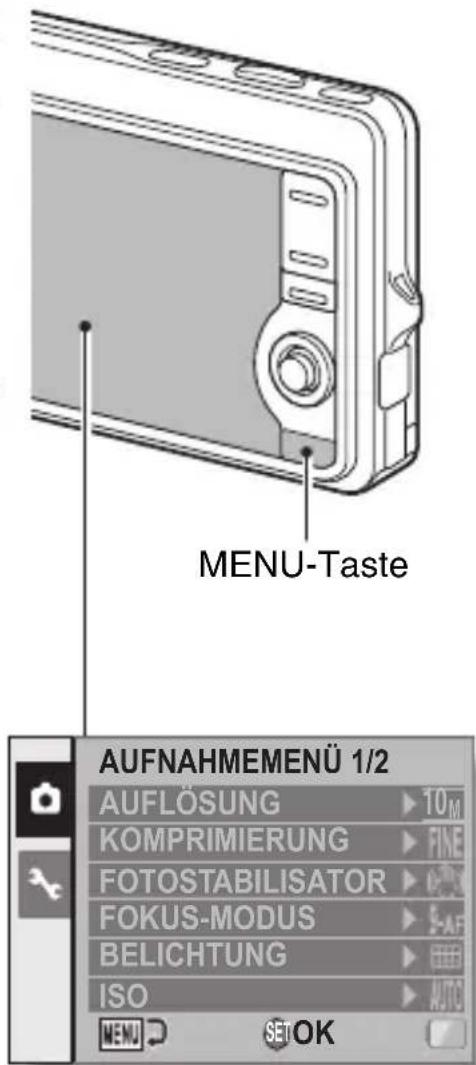 MENU-Taste AUFNAHMEMENÜ 1/2 AUFLÖSUNG ▶ 10M KOMPRIMIERUNG ▶ FINE FOTOSTABILISATOR ▶ FOKUS-MODUS ▶ S-AF BELICHTUNG ▶ ISO ▶ AUTO MENU SET OK