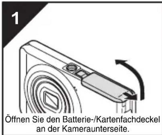 1 Öffnen Sie den Batterie-/Kartenfachdeckel an der Kameraunterseite.