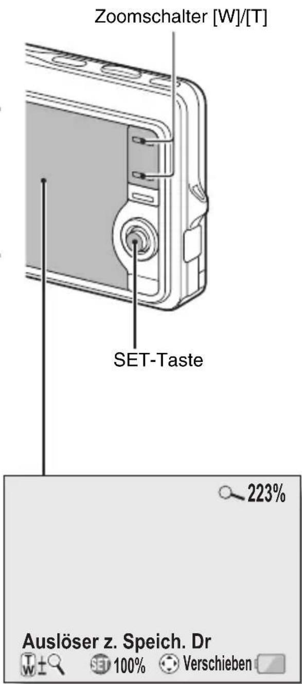Zoomschalter [W]/[T] SET-Taste 223% Auslöser z. Speich. Dr 100% Verschieben