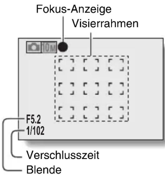 Fokus-Anzeige Visierrahmen F5.2 1/102 Verschlusszeit Blende