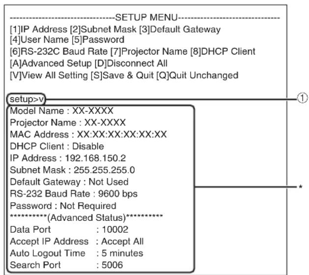 ----SETUP MENU---- [1]IP Address [2]Subnet Mask [3]Default Gateway [4]User Name [5]Password [6]RS-232C Baud Rate [7]Projector Name [8]DHCP Client [A]Advanced Setup [D]Disconnect All [V]View All Setting [S]Save & Quit [Q]Quit Unchanged setup>v Model Name : XX-XXXX Projector Name : XX-XXXX MAC Address : XX:XX:XX:XX:XX:XX DHCP Client : Disable IP Address : 192.168.150.2 Subnet Mask : 255.255.255.0 Default Gateway : Not Used RS-232 Baud Rate : 9600 bps Password : Not Required ***********(Advanced Status)***** Data Port : 10002 Accept IP Address : Accept All Auto Logout Time : 5 minutes Search Port : 5006